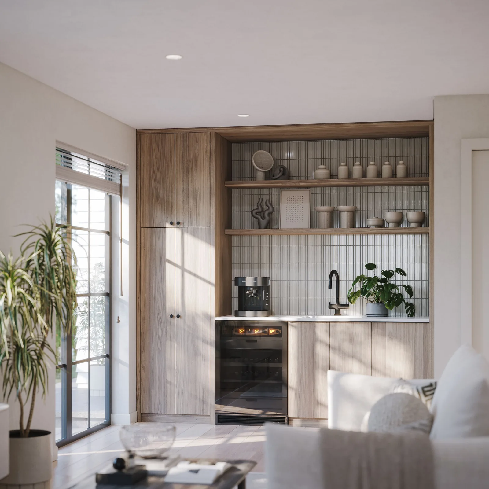 A room with built-in wood shelves, a coffee station and a tall window