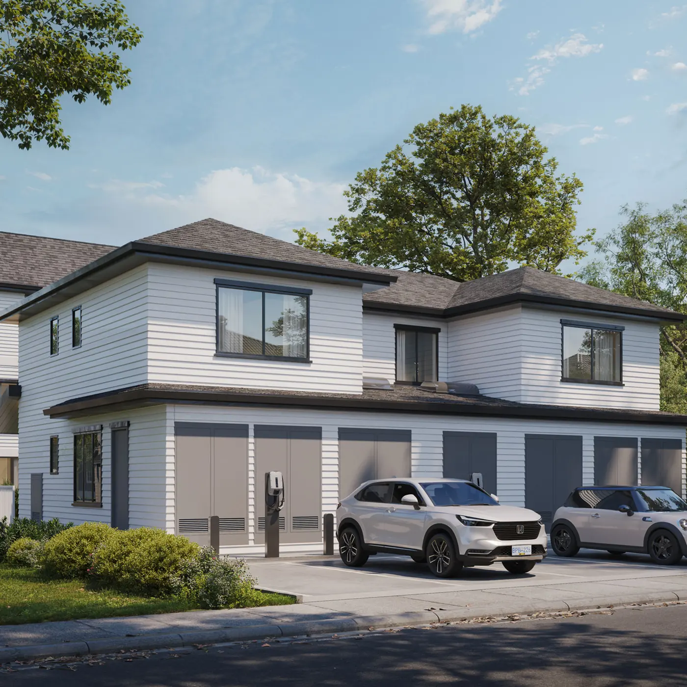 Rendering of a two-storey home with a garage row and two parked cars