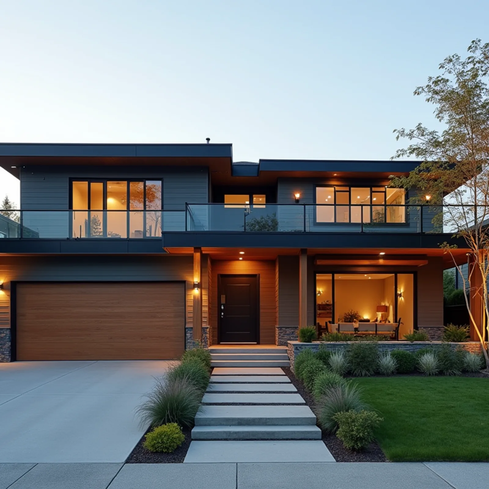 Wide angle view of a modern custom home exterior in Metro Vancouver