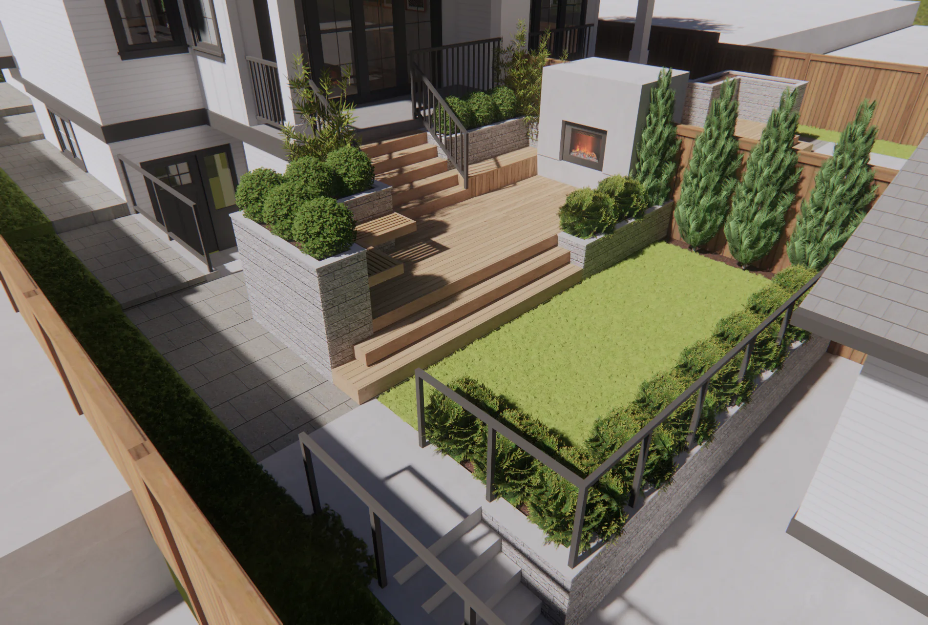 A rendering of a landscaped back garden with wooden stairs and a fire feature
