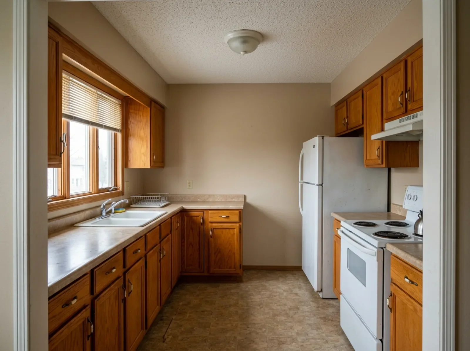 A dated kitchen with oak cabinets before renovation