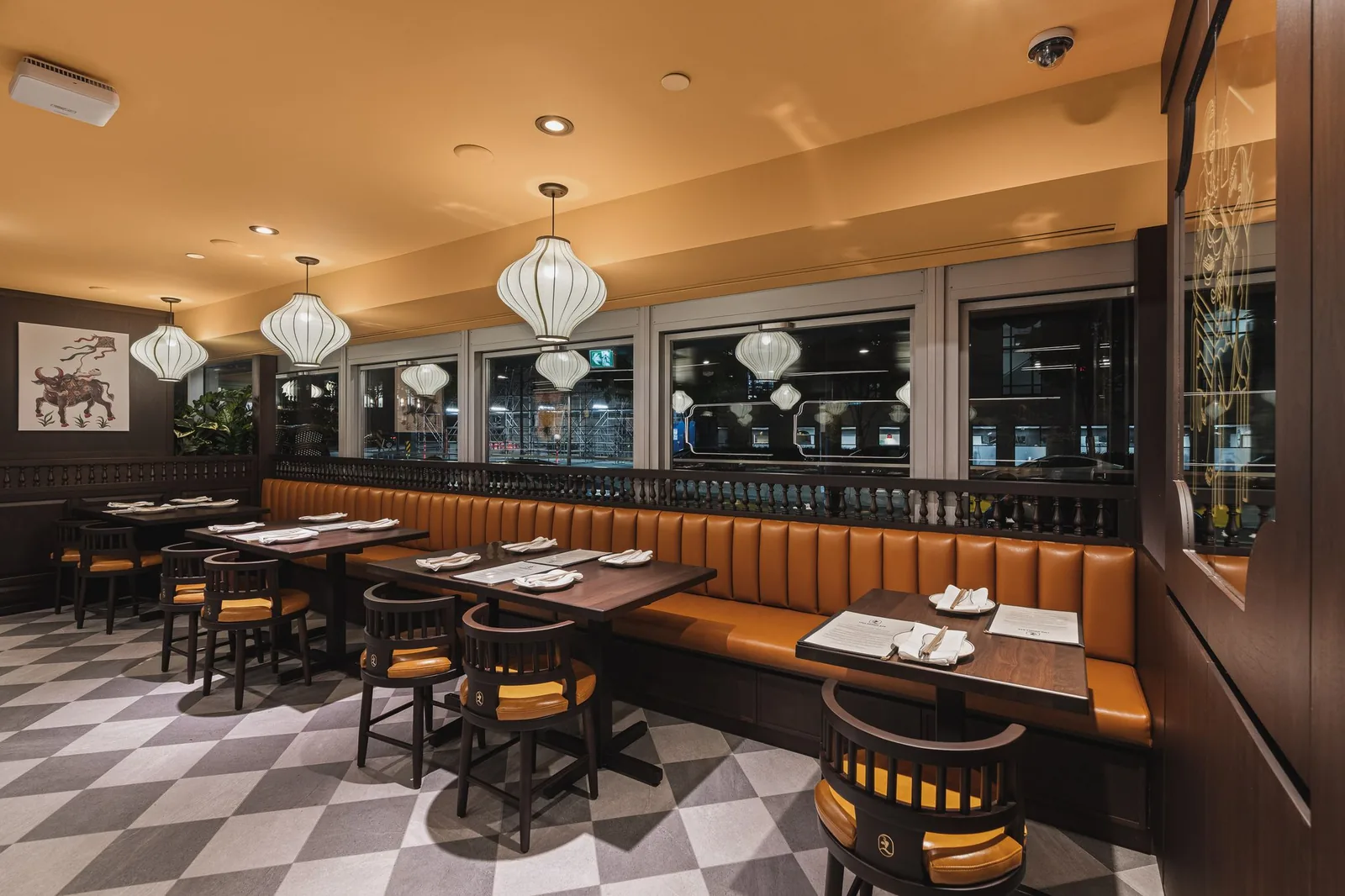 Window booth with a wood rail and lanterns above, Linh Noodle Bar by Costar Construction, Vancouver