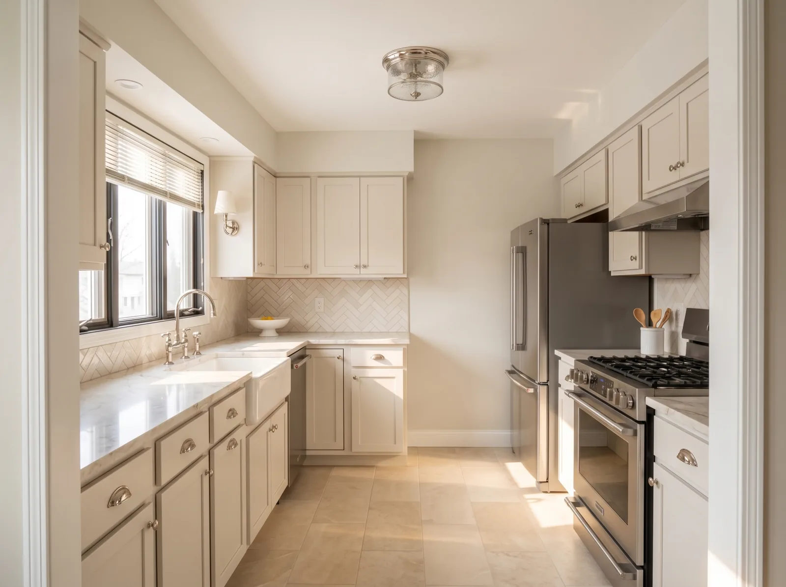 The same kitchen in classic transitional: soft white shaker cabinets, marble-look counters and white picket tile