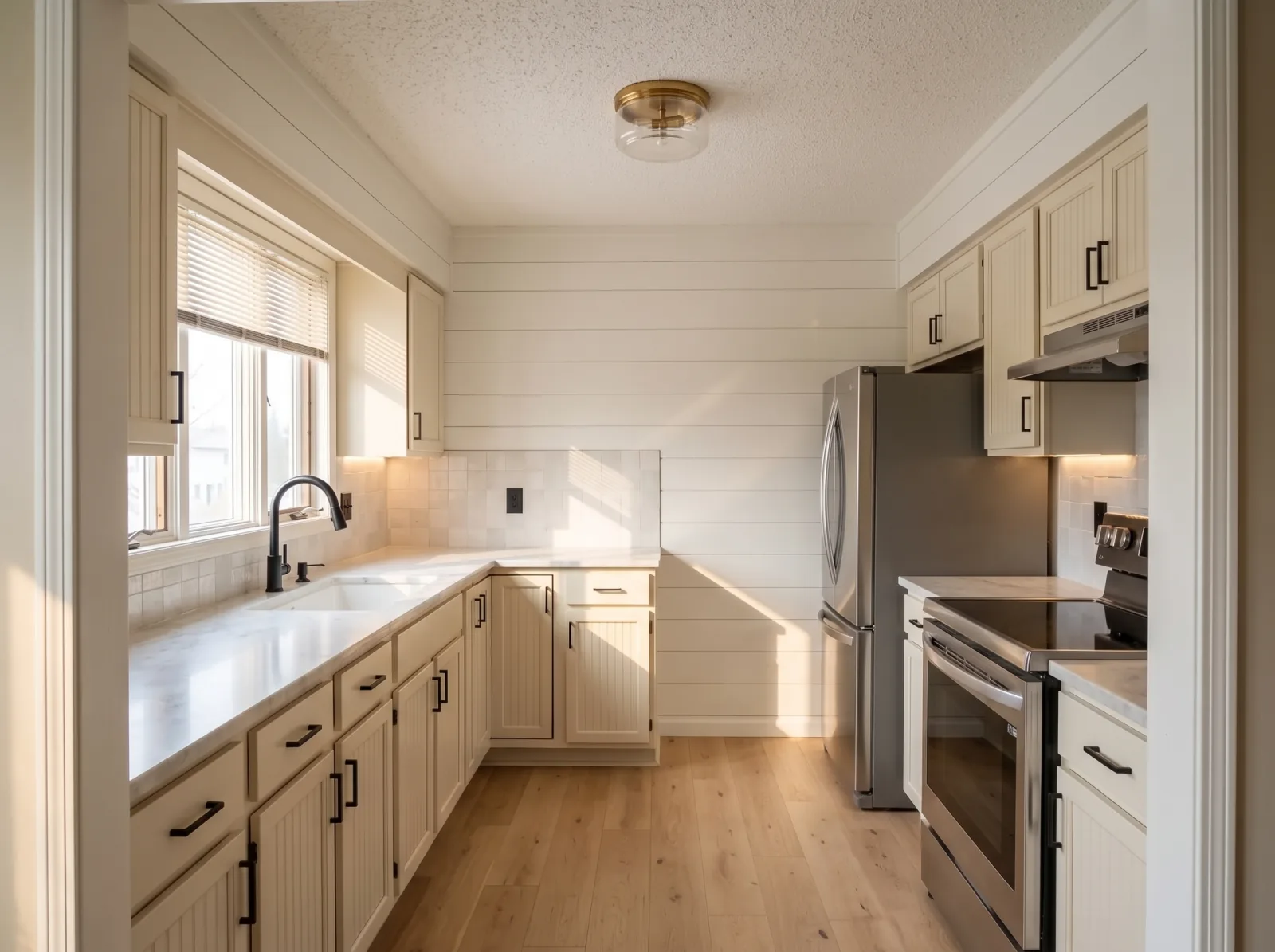 The same kitchen in modern farmhouse: creamy white shaker cabinets, an apron sink, white tile and black taps