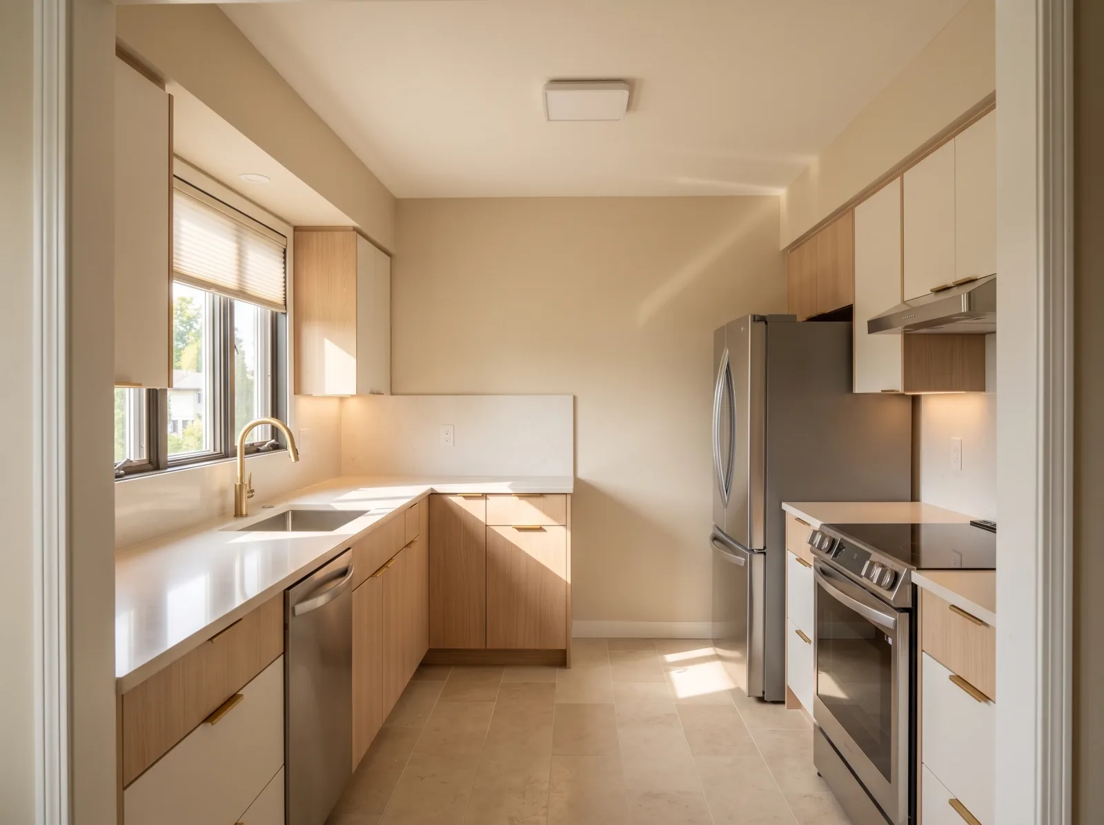 The same kitchen in warm minimal: flat pale oak and white cabinets, plain white counters, no clutter