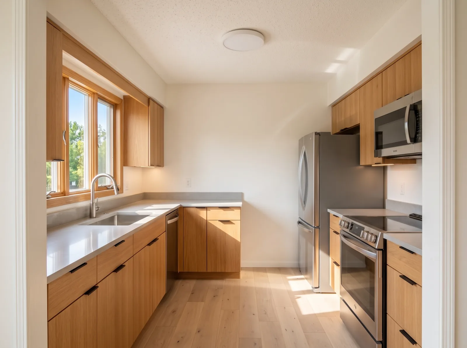 The same kitchen in West Coast modern: white oak cabinets, pale stone counters and afternoon sun across the floor